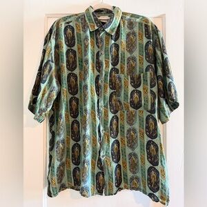 Vintage Torriani Mardi Gras Art Deco 100% Silk Button Down Shirt Size Medium